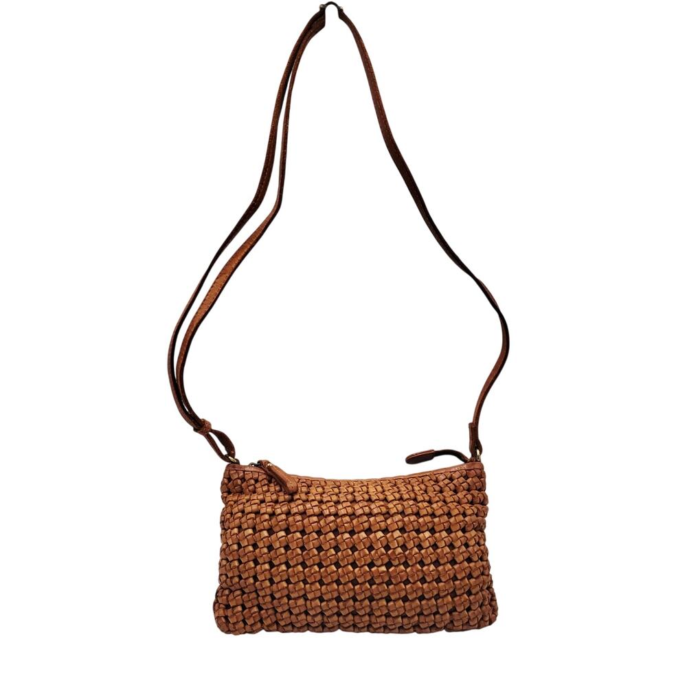Boho Soft Cognac Brown Knotted Woven Leather Crossbody Shoulder Bag Adjustable